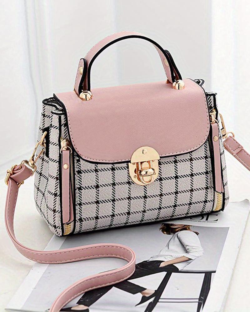 

Plaid Print Twist Lock Satchel Bag, Pink