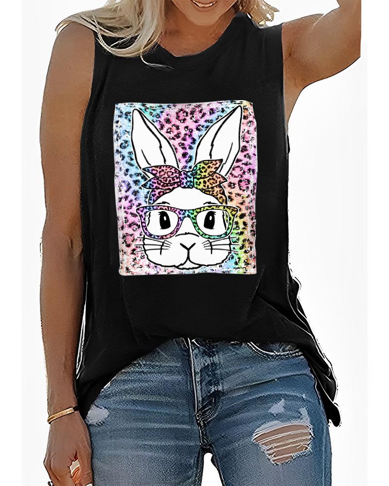 

Happy Easter Bunny Leopard Print Casual Tank Top, Black