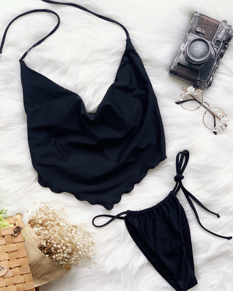 

Halter Tied Detail Hanky Hem Bikini Set, Black