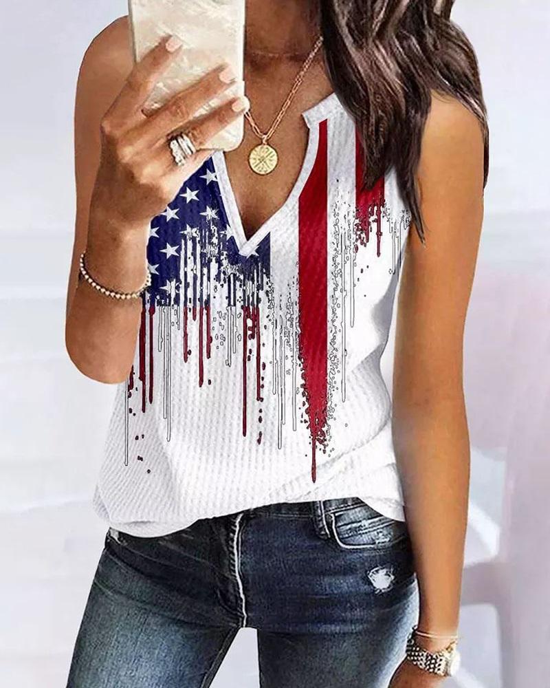 

Independence Day Flag Print Notch Neck Tank Top, White