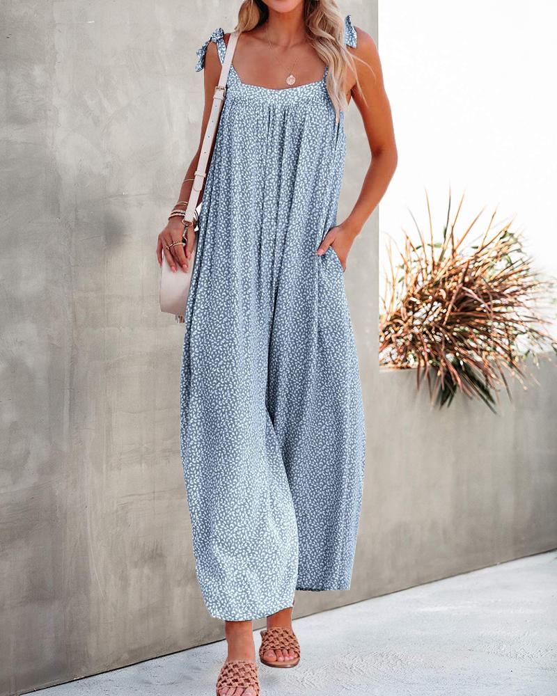 

Ditsy Floral Print Pocket Design Jumpsuit, Lighted blue