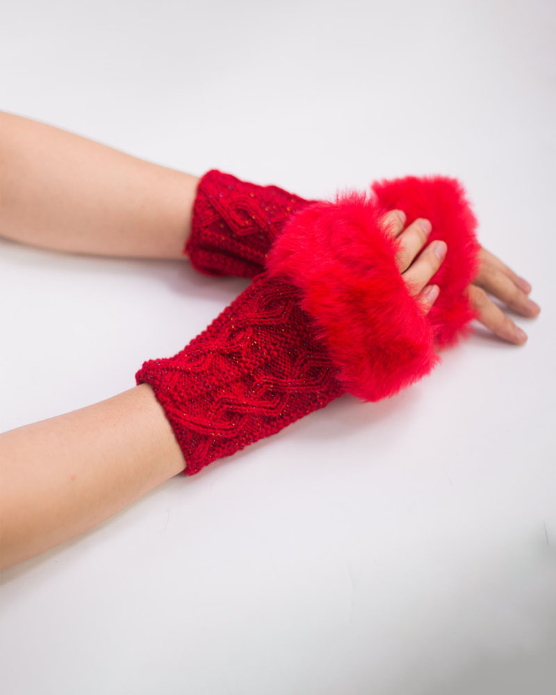

Christmas Fuzzy Trim Fingerless Knit Gloves, Red