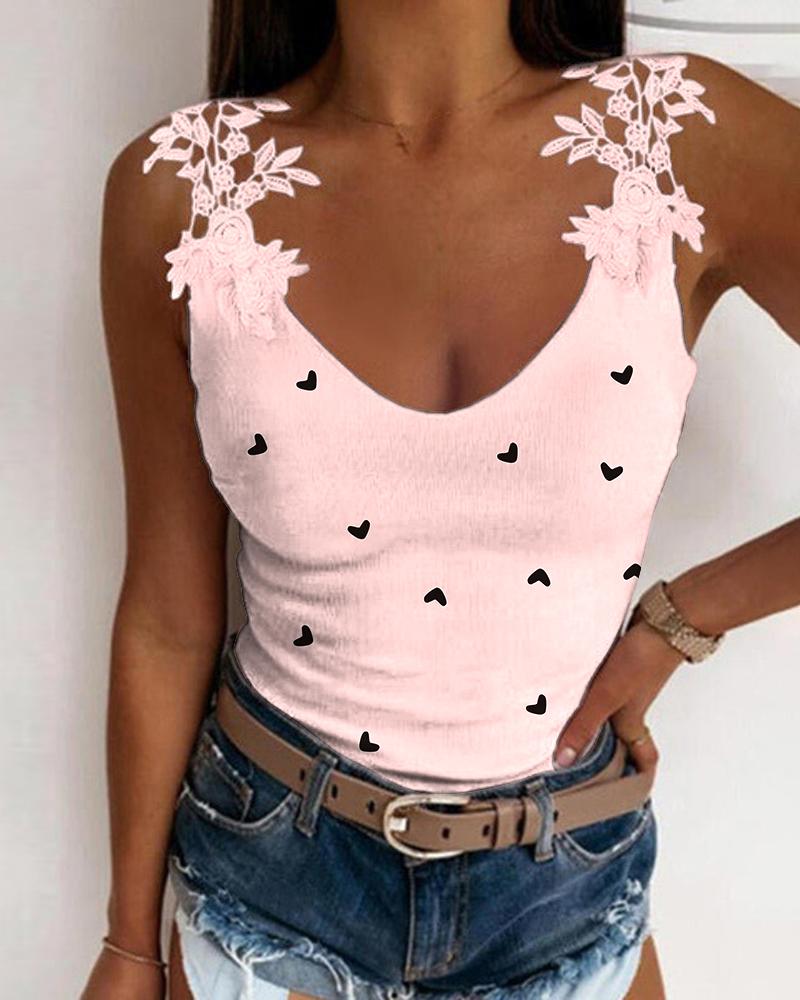 

Heart Print Contrast Lace V-Neck Tank Top, Pink