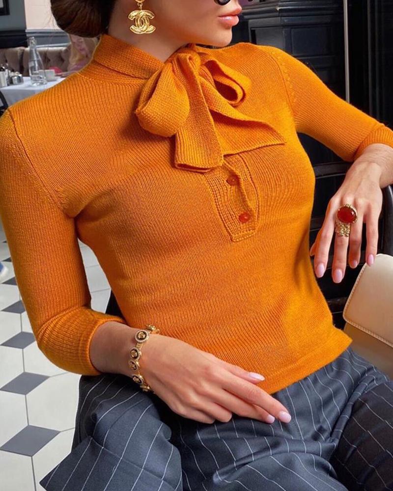 

Tie Front Button Design Long Sleeve Sweater, Orange