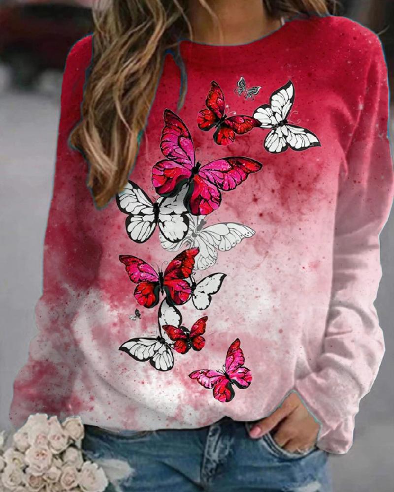 

Butterfly Print Long Sleeve Casual Top, Red