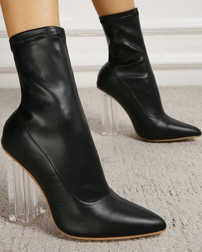 

Point Toe Clear Chunky Ankle Boots, Black