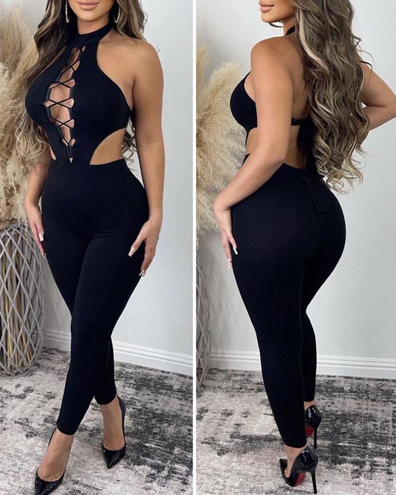 

Lace-up Design Backless Skinny Jumpsuit, Black