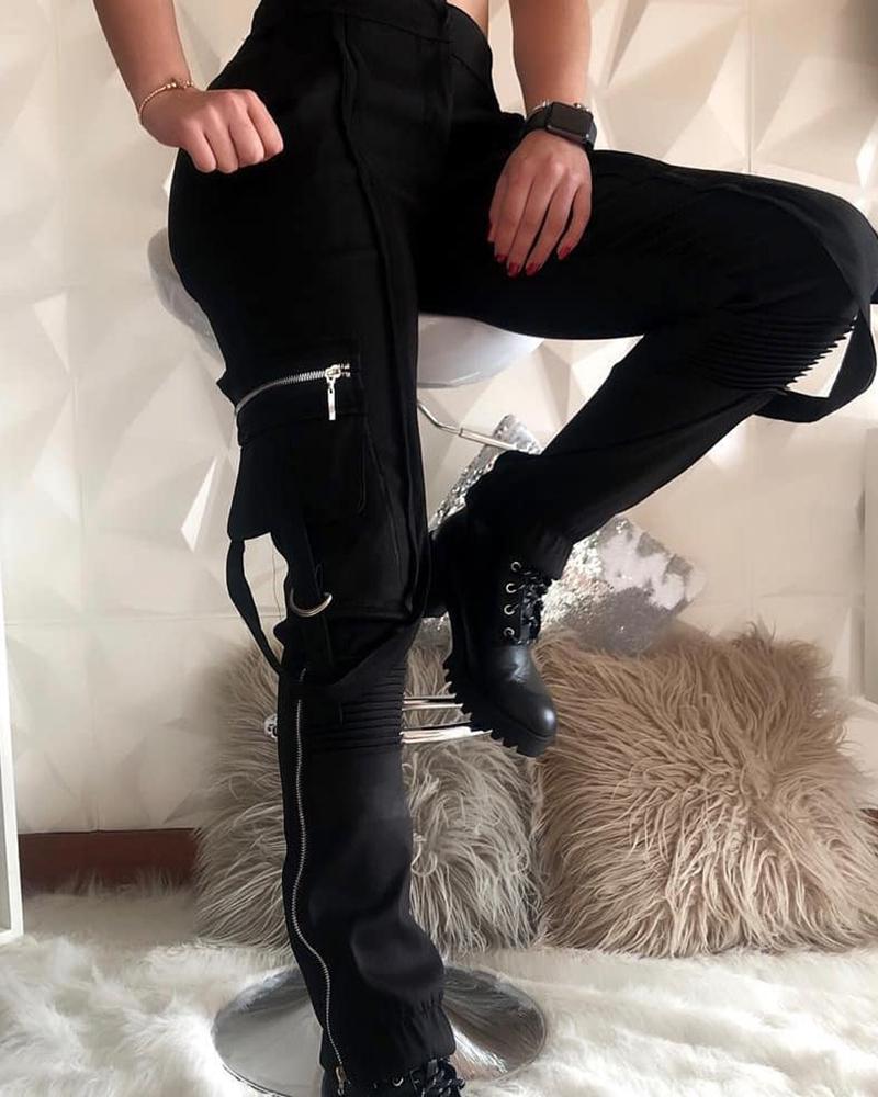 

Zipper Pocket Design Ruched Pants, Black