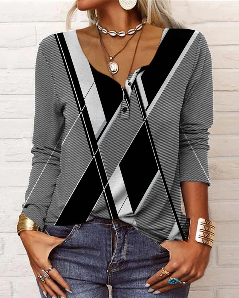 

Geometric Print Long Sleeve Top, Gray