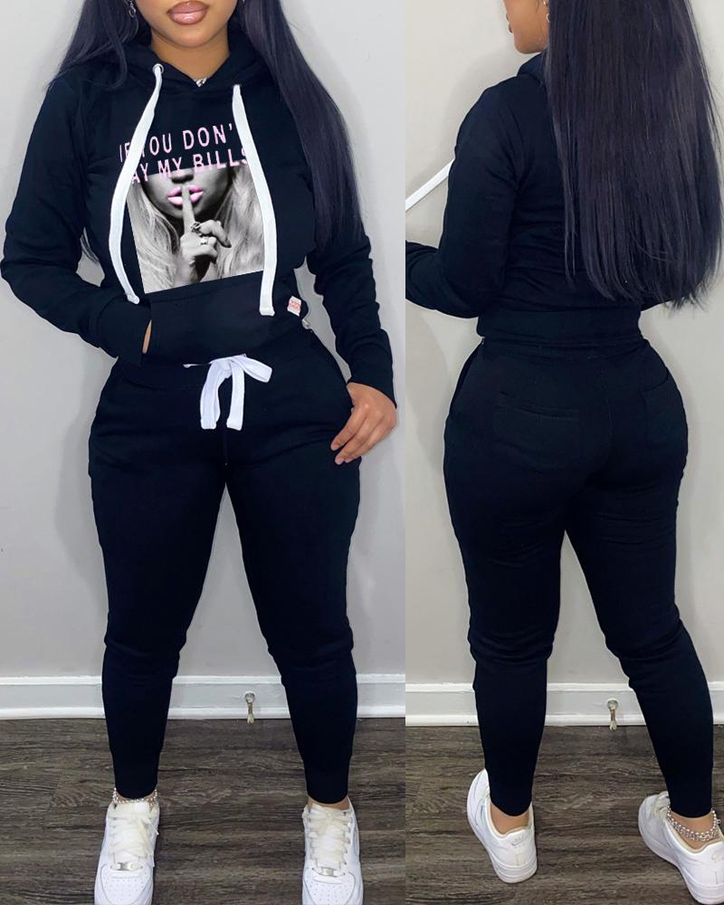

Slogan Print Long Sleeve Casual Hoodie & Pants Set, Black