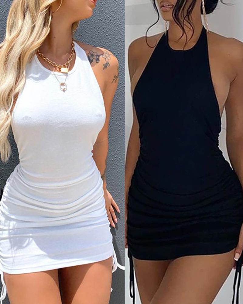 

Halter Ruched Drawstring Backless Bodycon Dress, Black