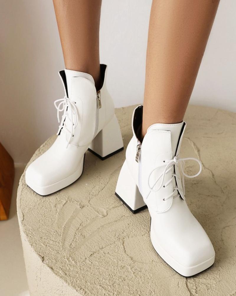 

Solid Color Square Toe Lace Up High Heel Ankle Boots, White