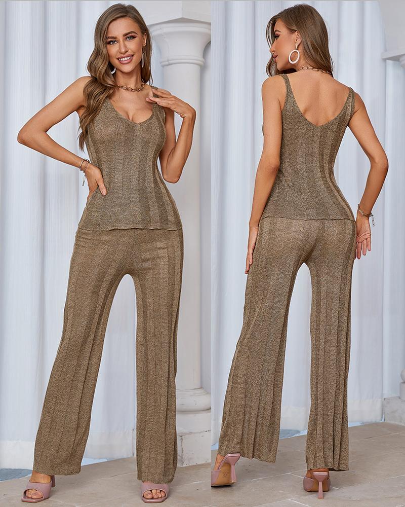 

V-Neck Tank Top & Pants Set, Khaki