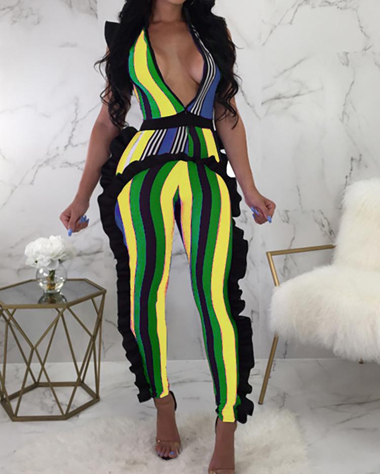 

Reversible Colorful Striped Frills Trim Jumpsuits, Yellow