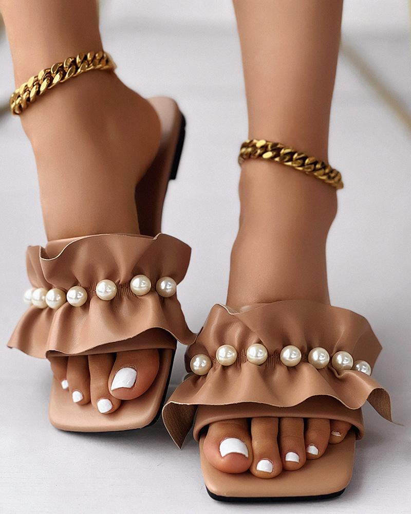 

Pearls Decor Ruffles Beach Slippers Summer Sandals, Apricot