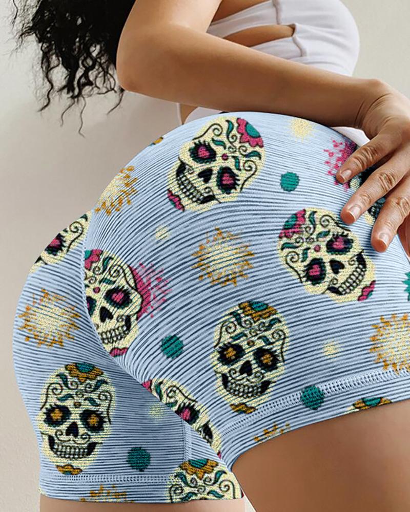 

Multicolor Skeleton Print Skinny High Waist Shorts, Light blue