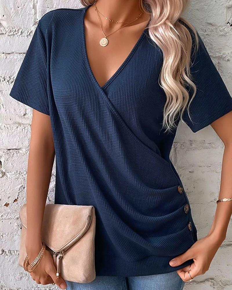 

Ruched Side Buttoned Wrap Top, Purplish blue