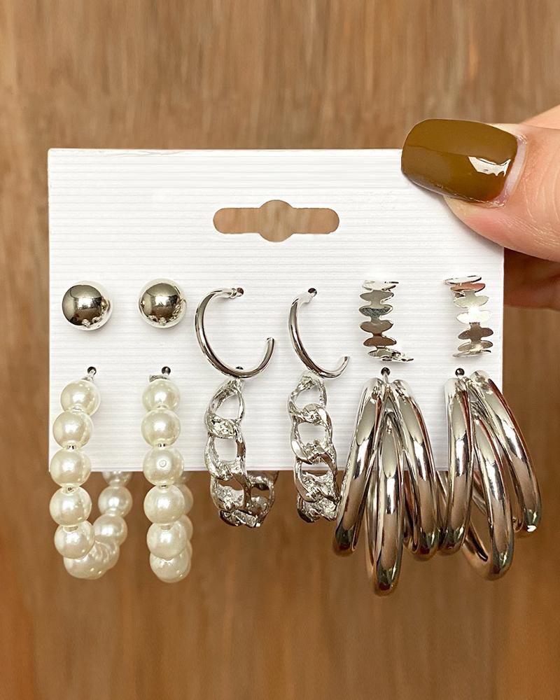 

6Pair Pearls Decor Vintage Earrings Set, Silver