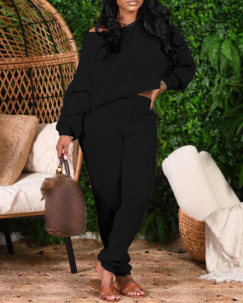 

Long Sleeve Round Neck Sweater & High Waist Pants Set, Black