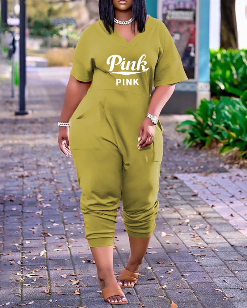 

Letter Print V-Neck Short Sleeve Pocket Design Jumpsuit, Green