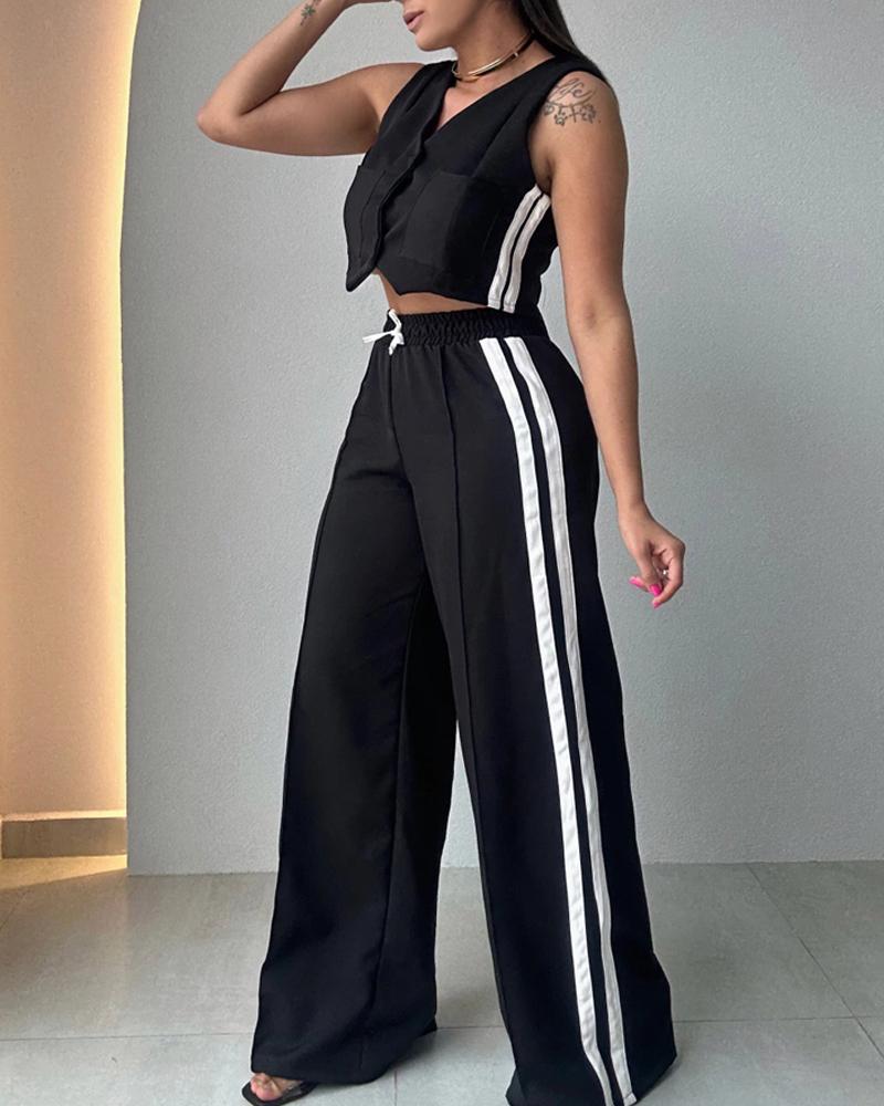 

Conjunto de 2 peças listrado com decote em V, slim fit, sem mangas, botão frontal, regata, cordão, perna larga, calças casuais, Black