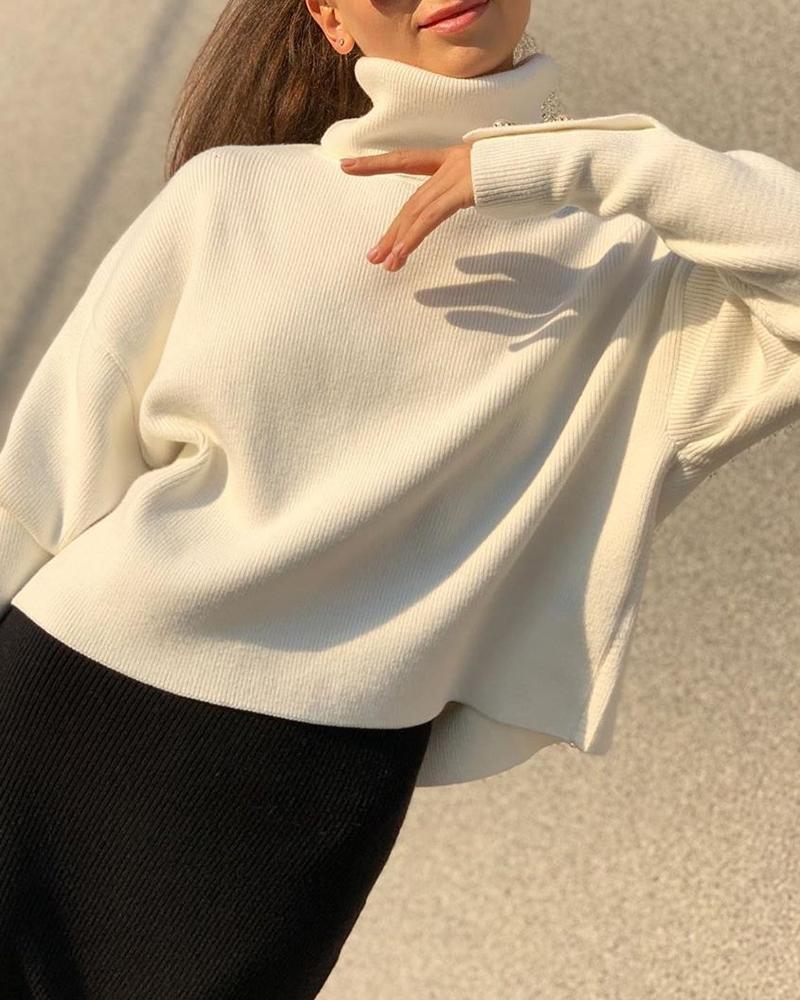 

Rolled Neck Plain Buttoned Sweater, White