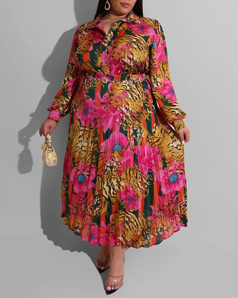 

Plus Size Animal Floral Print Shirt & Pleated Skirt Set, Hot pink