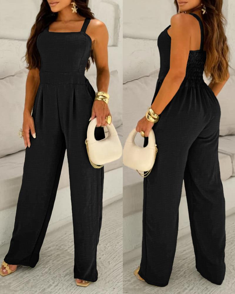 

V-Neck Spaghetti Strap Shirred Cinch Waist Wide Leg Jumpsuit Elegant Overalls, Black
