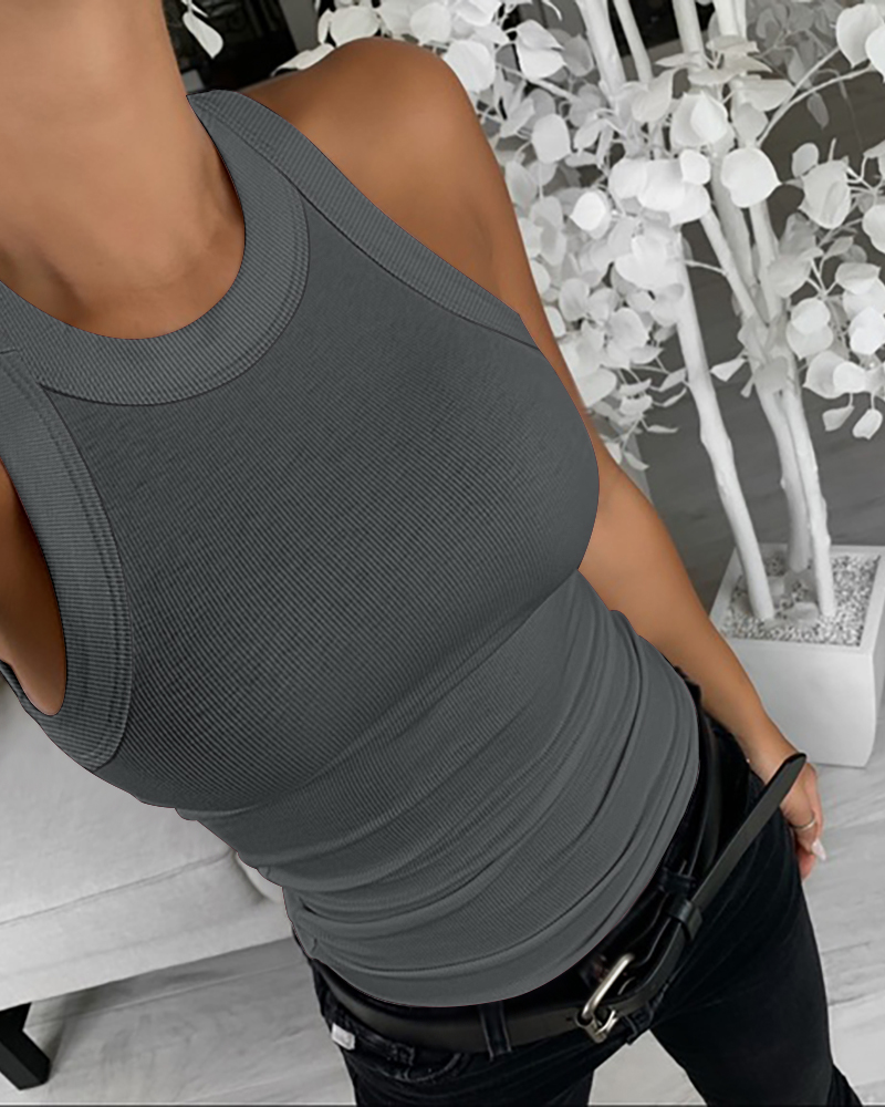 

O-Neck Knit Sleeveless Basic Slim Fit Tummy Control Tank Casual Top(Without Pads), Dark grey