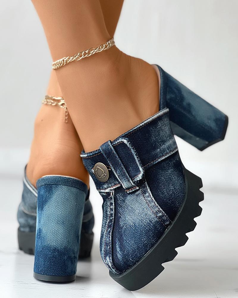 

Button Decor Denim Chunky Pumps, Blue