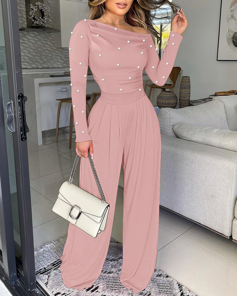 

Mono informal de manga larga con cuello oblicuo y cintura ceñida con cremallera en la espalda y pernera ancha, Pink