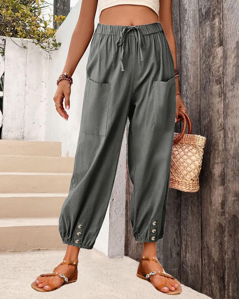 Pocket Button Design Drawstring Casual Pants