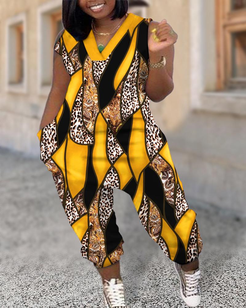 

Plus Size Baroque Leopard Print Pocket Design Jumpsuit, Yellow