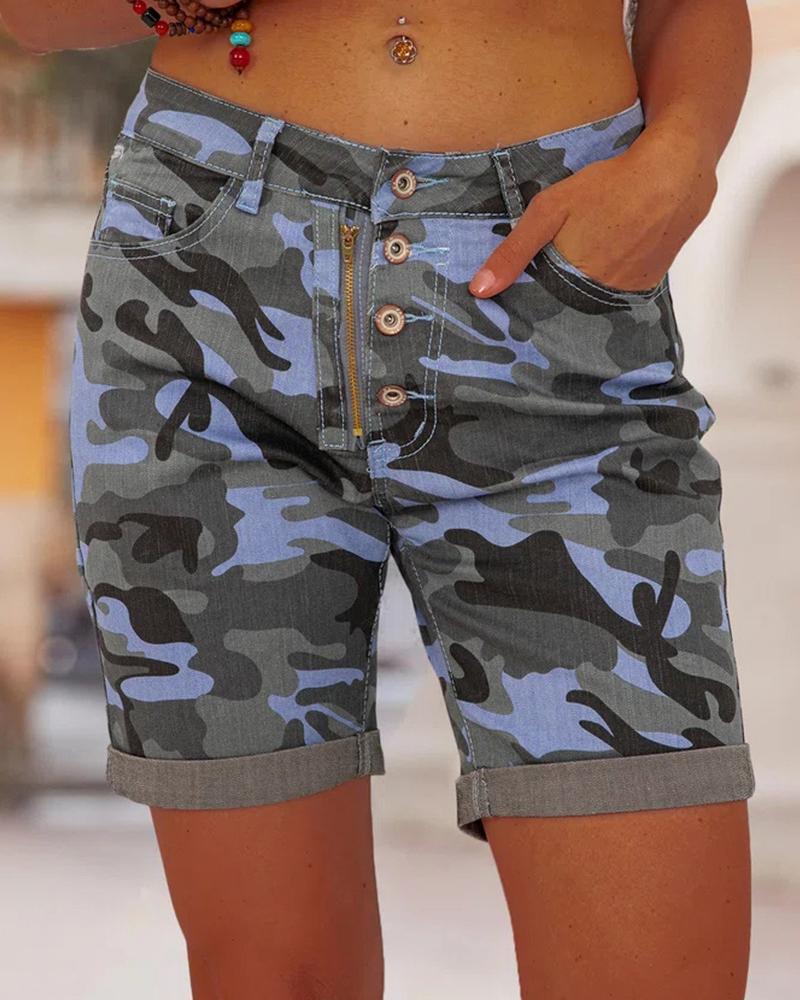 

Camouflage Print Buttoned Denim Shorts, Blue