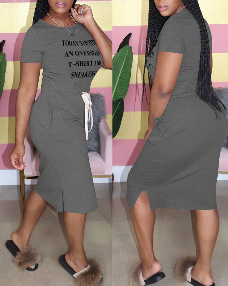 

Letter Print Pocket Detail Drawstring Casual Dress, Dark grey