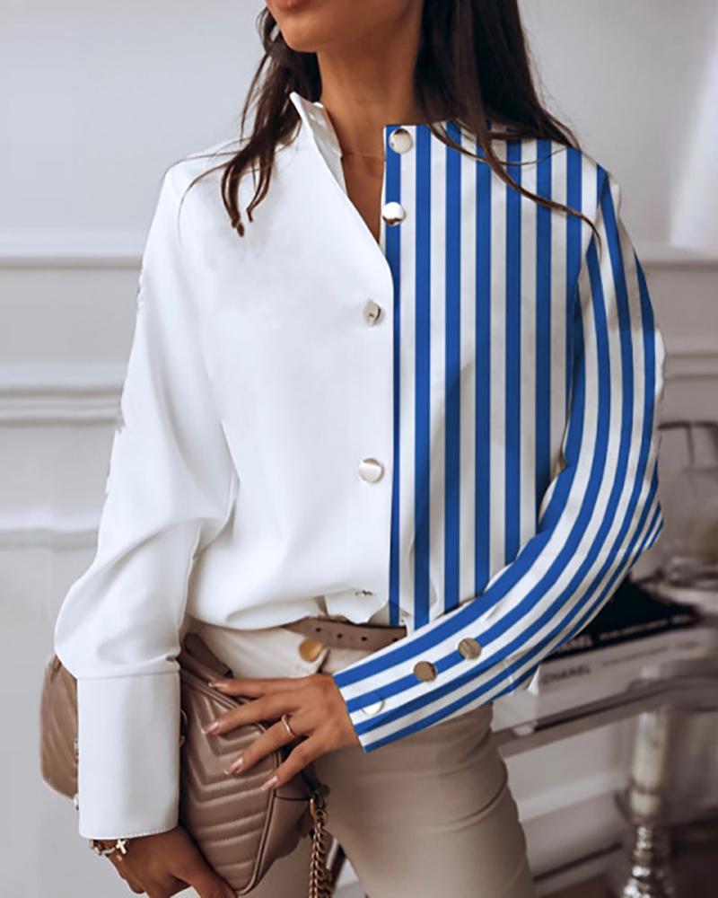 

Striped Colorblock Button Front Shirt, Blue
