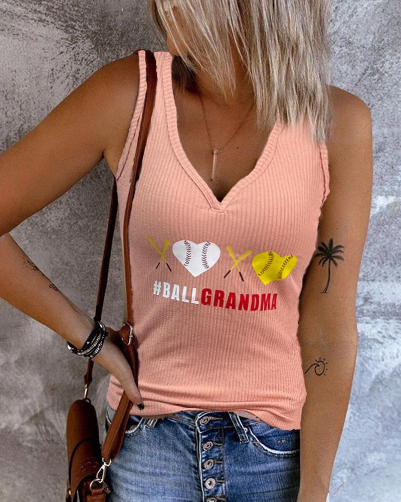 

Ball Grandma Print Ribbed Tank Top, Pink