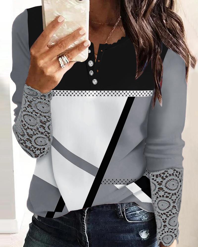 

Geometric Print Contrast Lace Long Sleeve Top, Multicolor