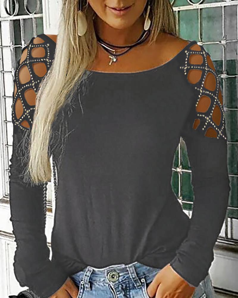 

Rhinestone Cutout Long Sleeve Casual Top, Gray