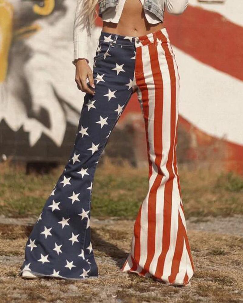 

Independence Day Flag Print Flared Leg Jeans, Multicolor
