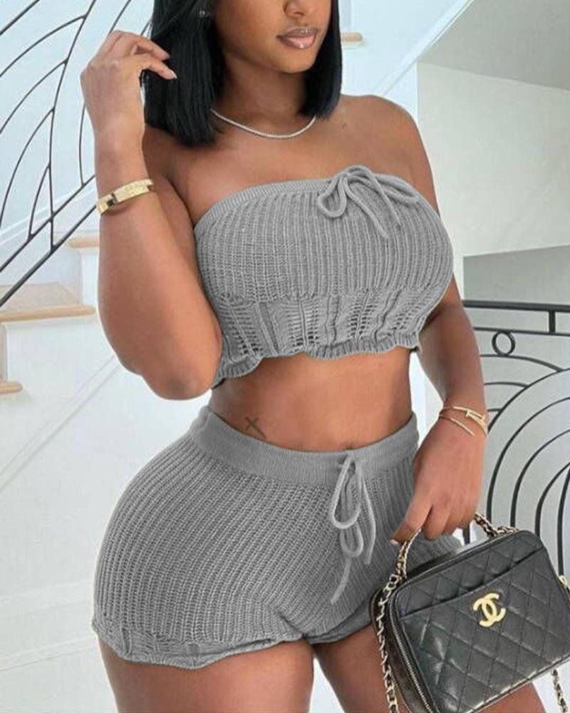 

Bandeau Drawstring Crop Top & Shorts Set, Light gray