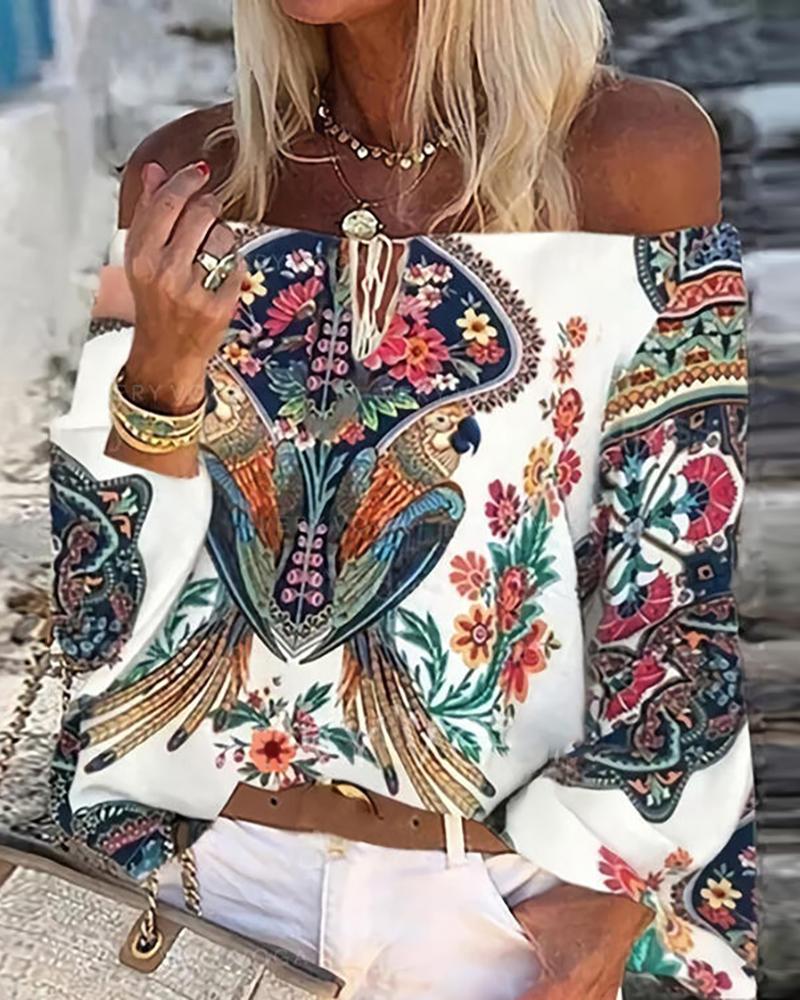 

Floral Bird Print Off Shoulder Top, White