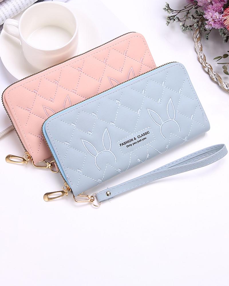

Rabbit Pattern Quilted Zipper Purse, Blue