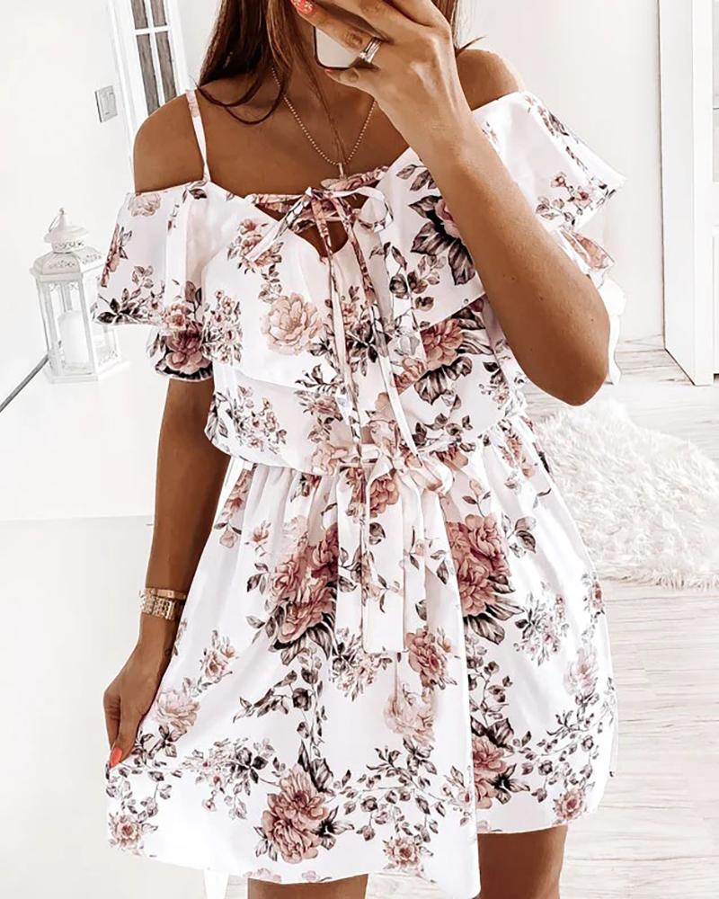 

Cold Shoulder Tie Front Floral Print Ruched Dress, Pink