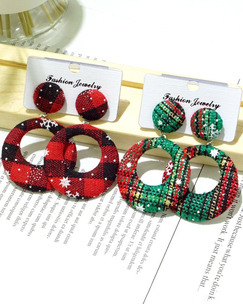 

1Pair Christmas Plaid Snowflake Hoop Drop Earrings, Red