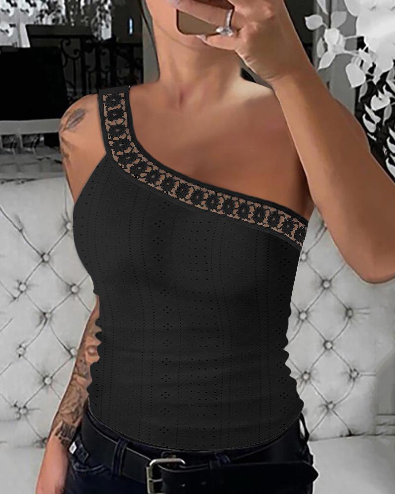 

One Shoulder Lace Patch Eyelet Embroidery Top, Black