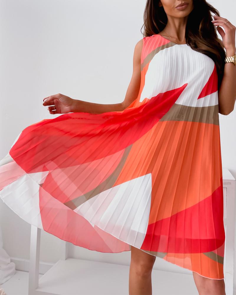 

Color Block Sleeveless Pleated Mini Dress, Orange