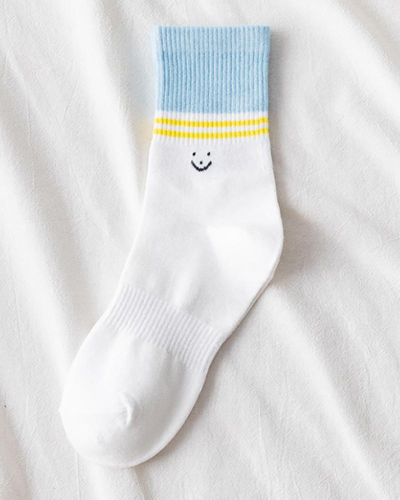 

1Pair Smile Face Embroidery Colorblock Crew Socks, Blue