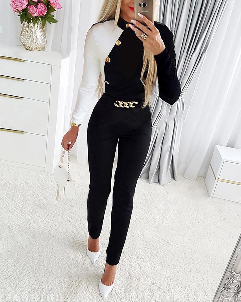 

Colorblock Long Sleeve Top & Chain Decor Pants Set, Blackwhite