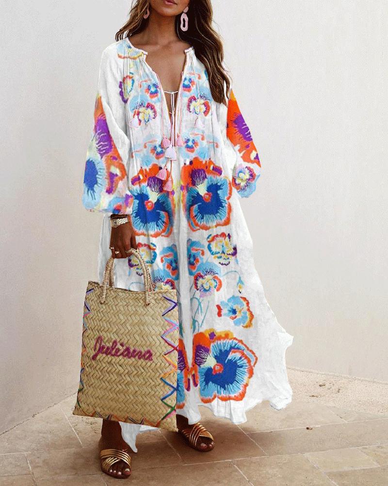 

Floral Print Lantern Sleeve Maxi Dress, White